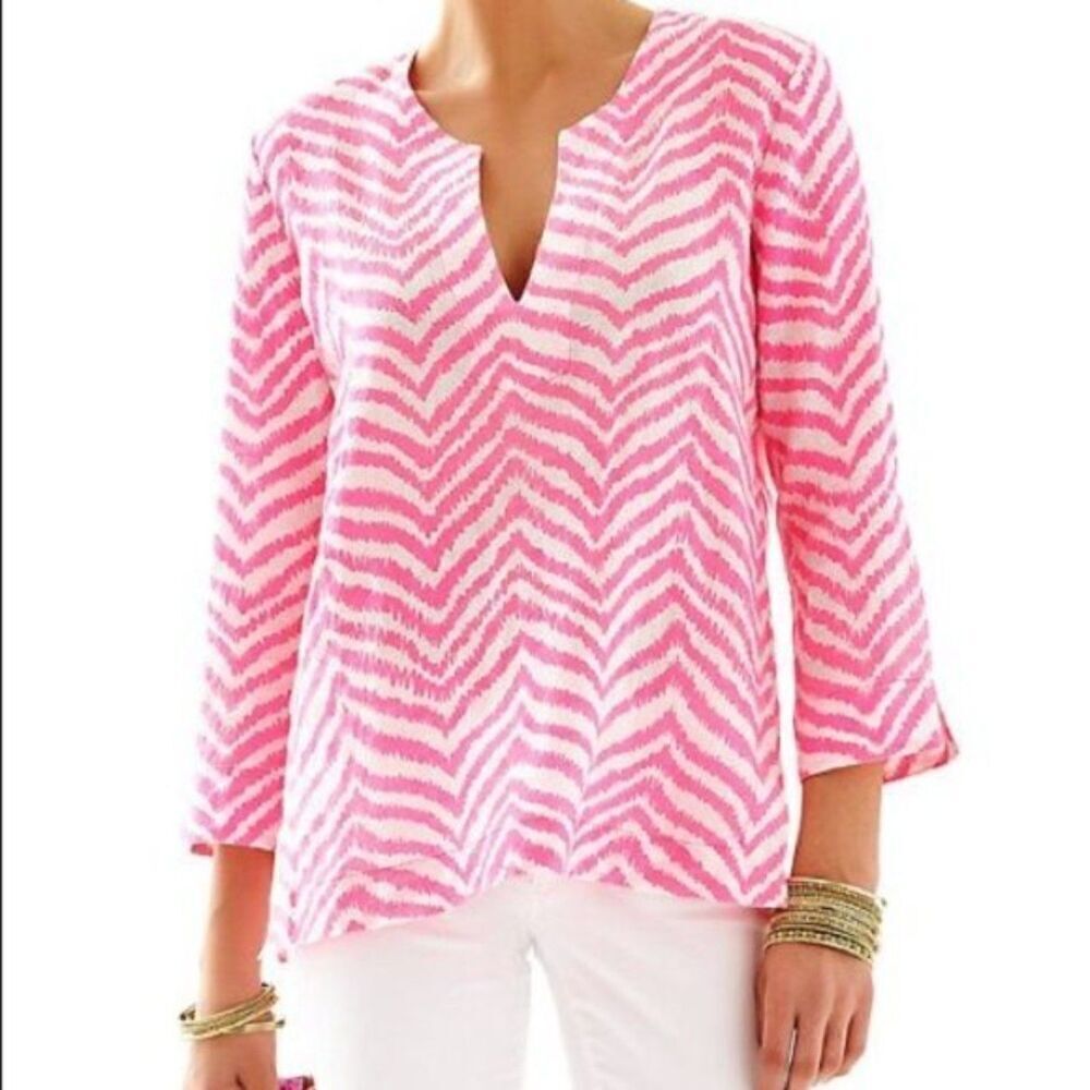 Lilly Pulitzer "Amelia Island" Pink & White Striped V-Neck Tunic Top sz X-Small